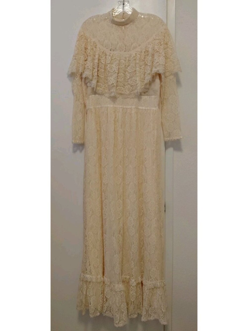 Gunne Sax Vintage 1970's Cream Lace Wedding Dress Maxi Prarie Western Size 13